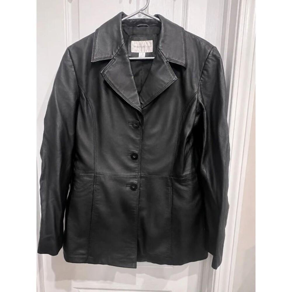 Worthington Women’s Black Genuine Leather Blazer Jacket Button Front